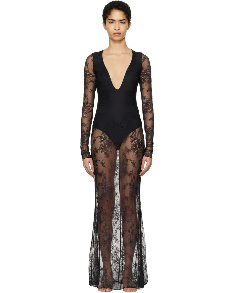 SKIMS Black Ultra Fine Lace Plunge Long Maxi Dress Onyx