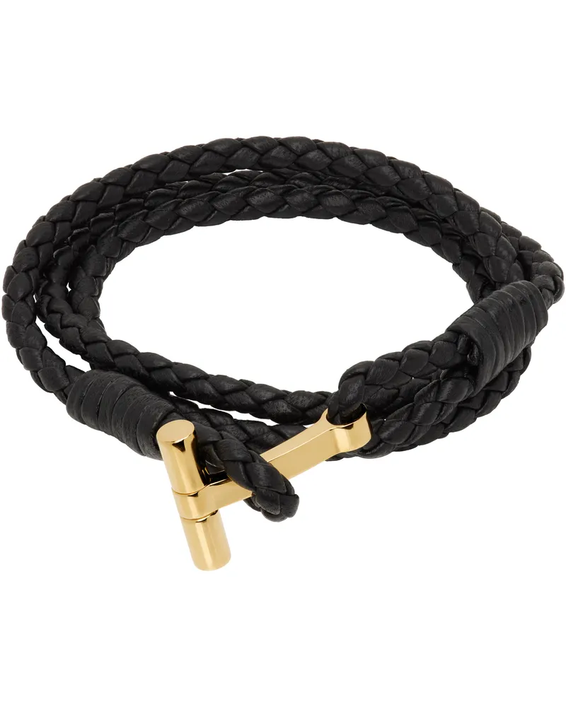 Tom Ford Black Braided T Leather Bracelet Black