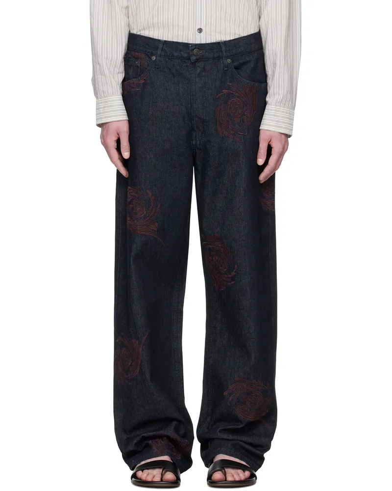 Dries van Noten Navy Embroidered Pattern Jeans 507