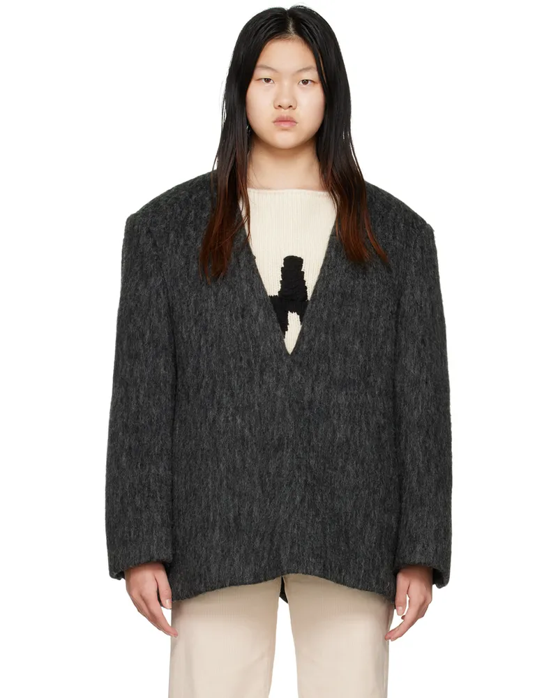 WE 11 DONE Gray Y-Neck Sweater Dark