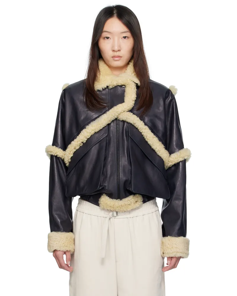 Magda Butrym Navy Shearling Leather Bomber Jacket Navy