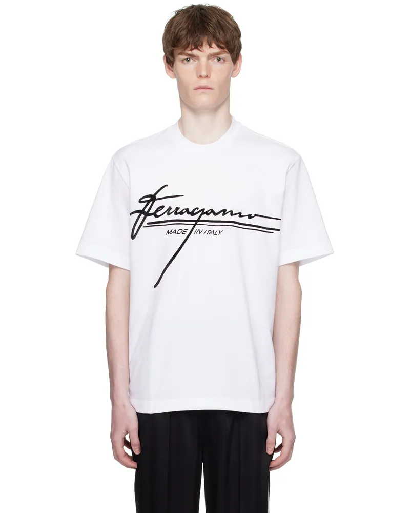 Ferragamo White Crew Neck Printed Signature T-shirt Bianco