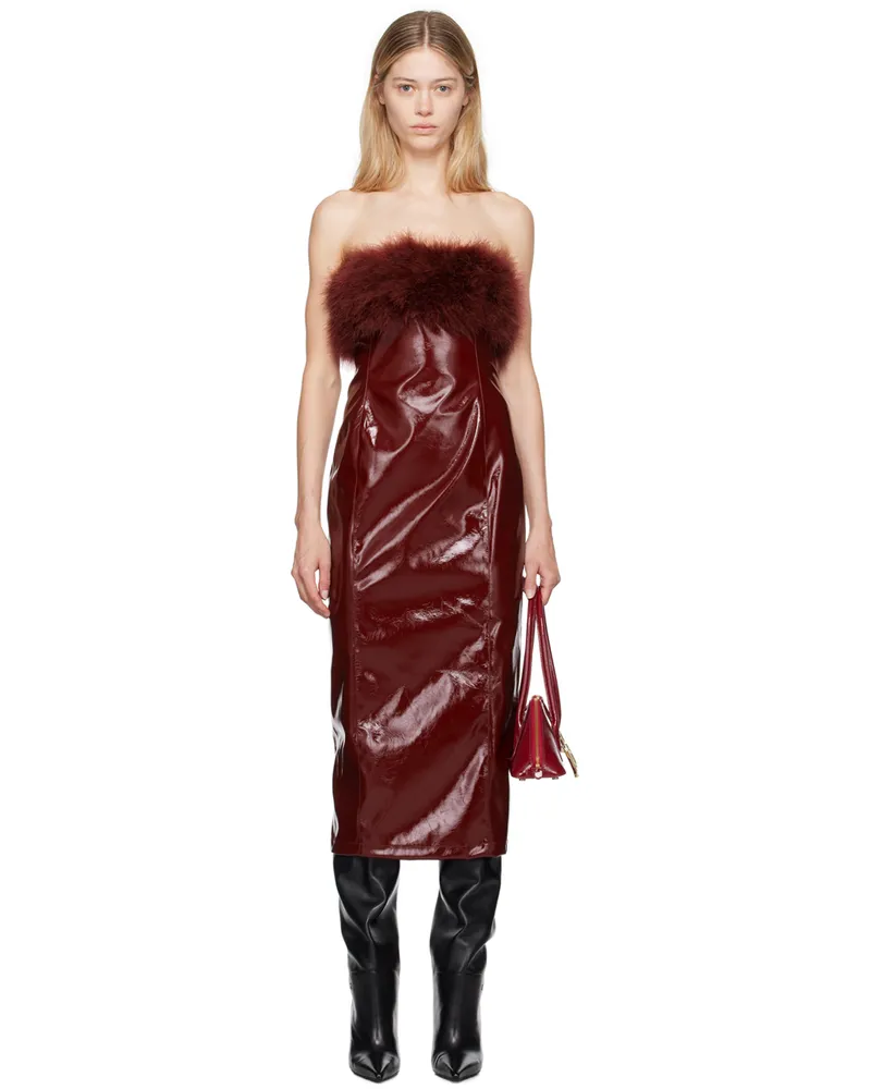 Blumarine Burgundy Marabou Feather Faux-Leather Midi Dress N0727