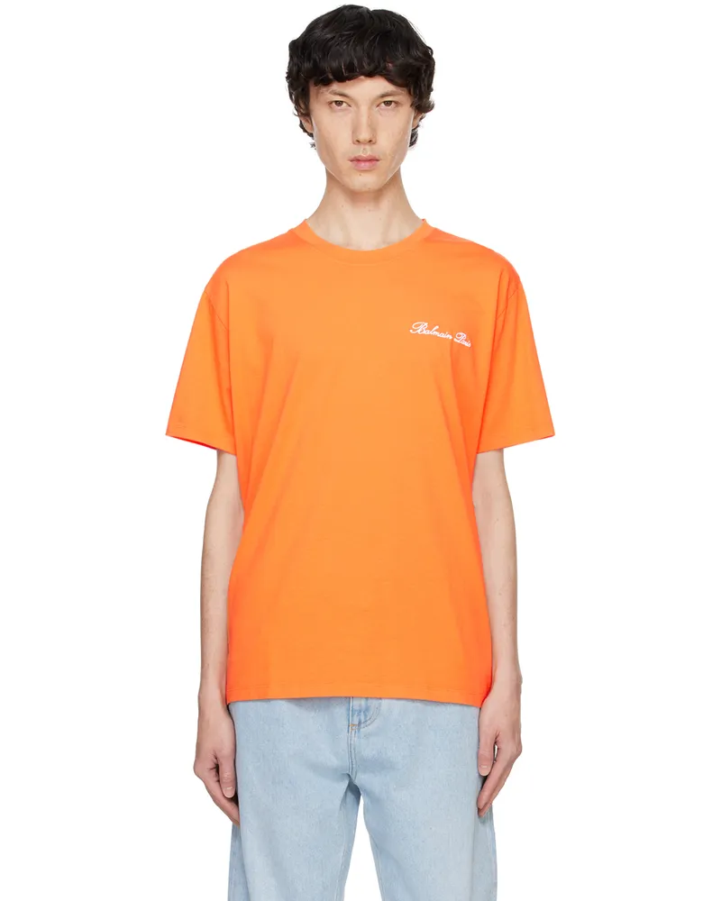Balmain Orange Relaxed 'Balmain Signature' Embroidery T-shirt Kfj