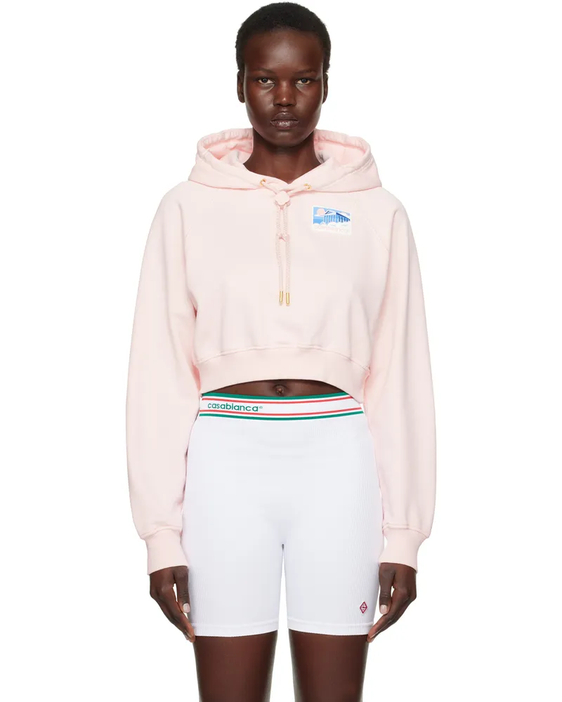 Casablanca Paris Pink Greek Temple Rubber Patch Crop Hoodie Greek