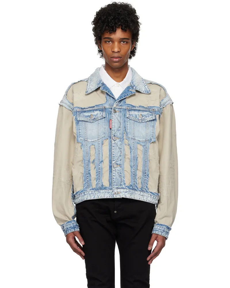 Dsquared2 Blue & Beige Super Ripped Mixed Denim Jacket 470