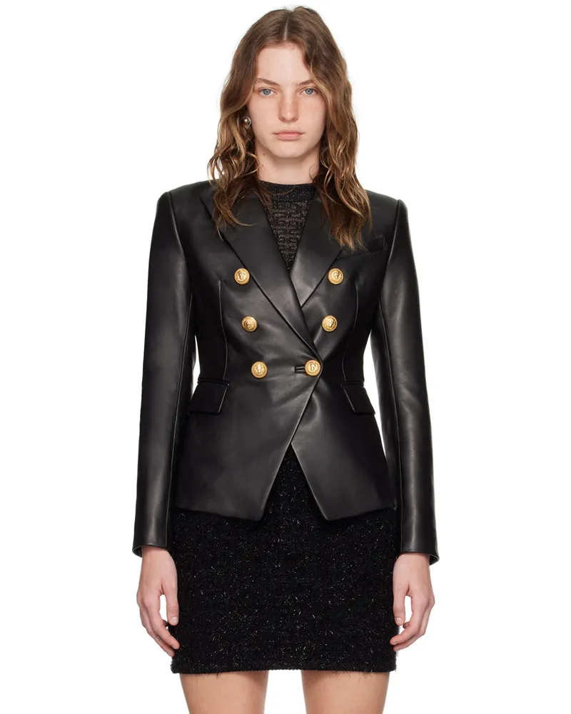 Balmain Black Double-Breasted Leather Jacket 0pa