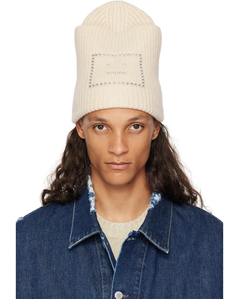 Acne Studios Beige Embellished Face Square Beanie Oatmeal