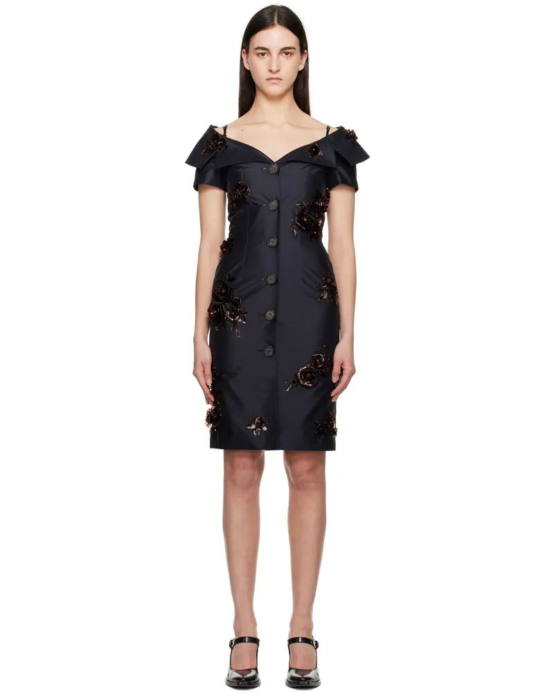SHUSHU/TONG Navy Off-Shoulder Lapel Slim Midi Dress Na100