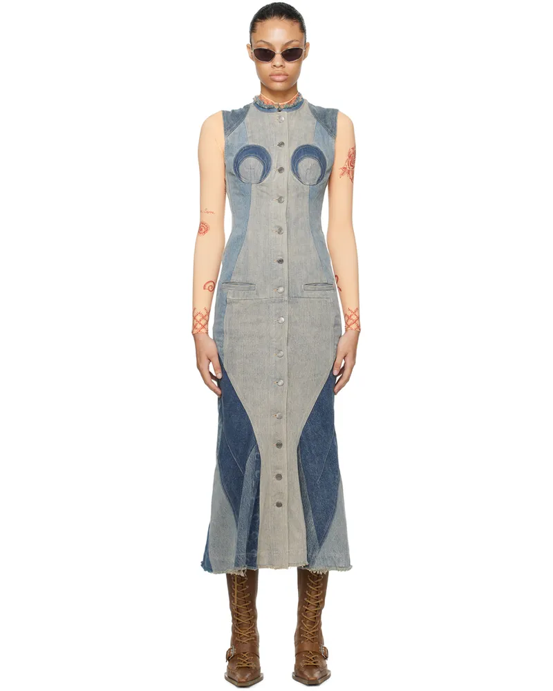 Marine Serre Blue Regenerated Denim Midi Dress Gr30