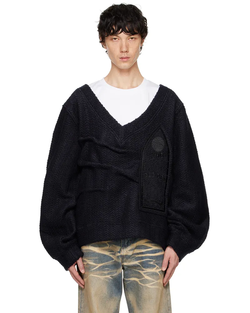 WHO DECIDES WAR Navy Gathered Collegiate Sweater Indigo