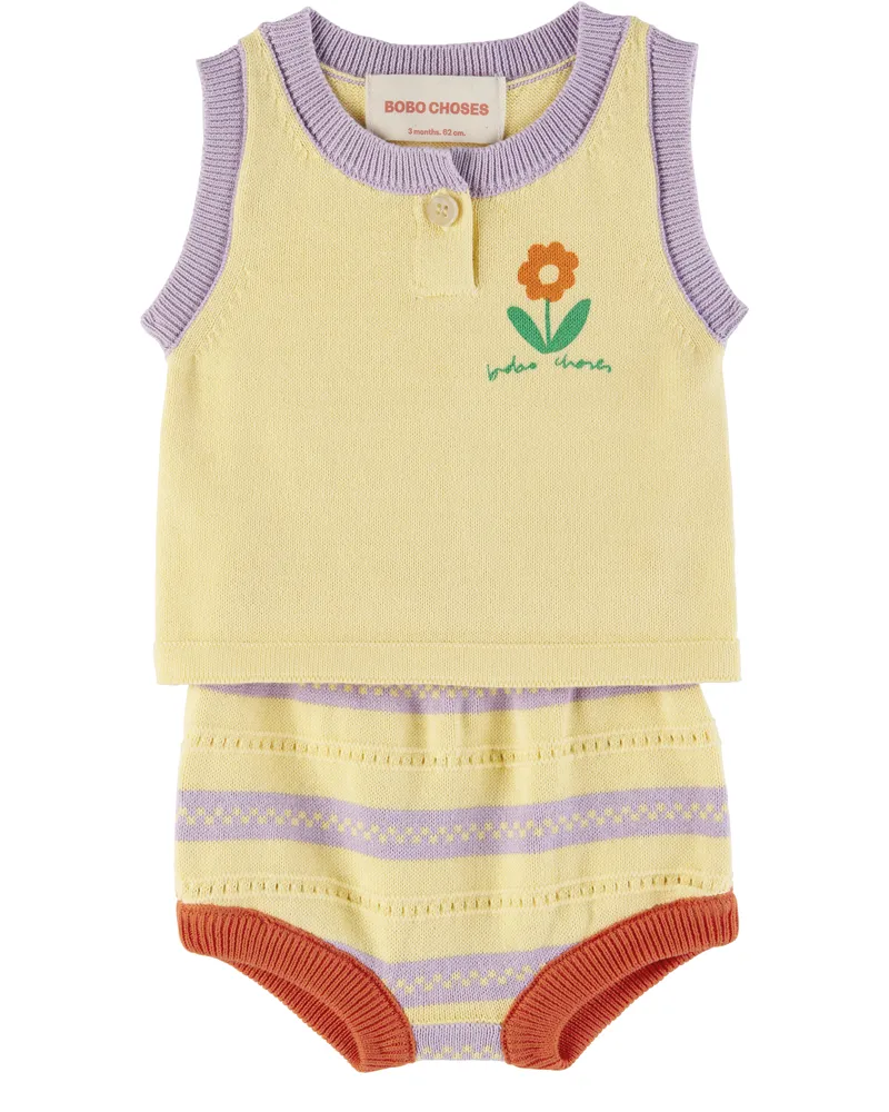 BOBO CHOSES Baby Beige Flower Knitted Tank Top & Bloomers Set Beige