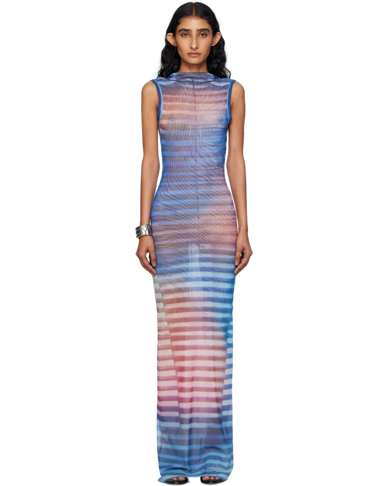 Jean Paul Gaultier Blue & Pink High Neck Open Back Printed Air Maxi Dress 565034