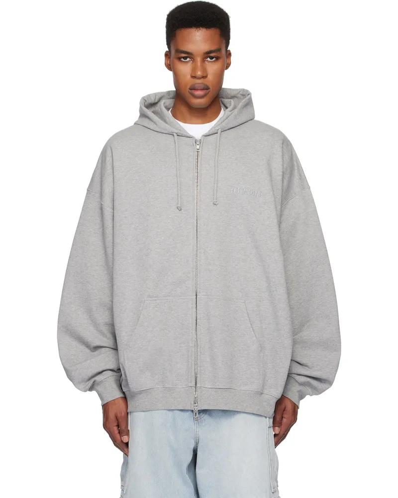 VETEMENTS Gray Embroidered Logo Oversized Zip-Up Hoodie Grey