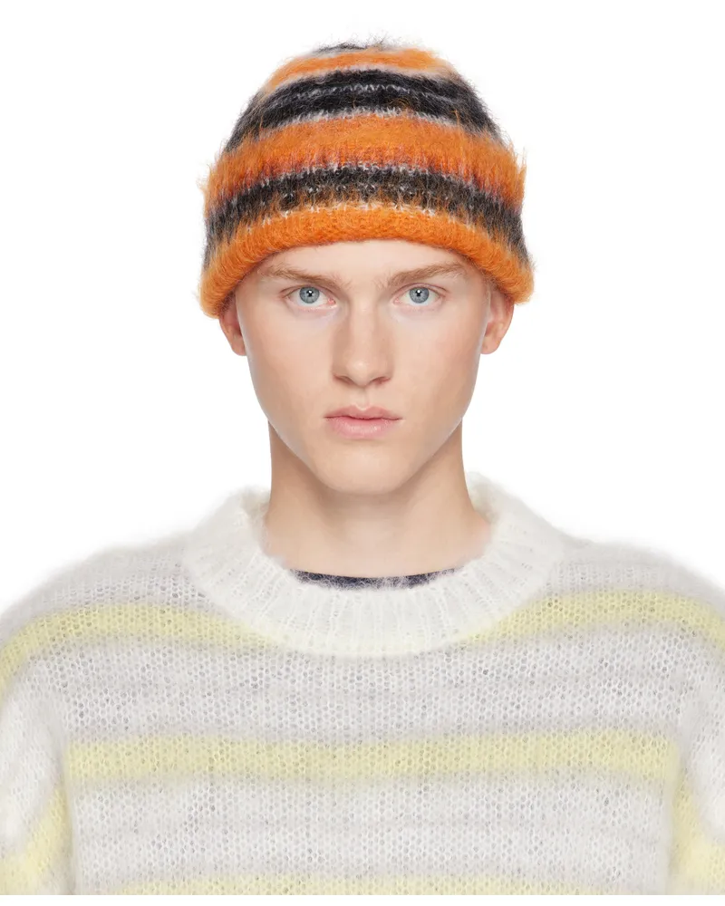 Marni Black & Orange Striped Mohair Beanie Rgn99