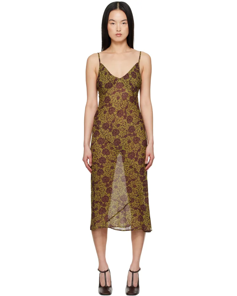 Dries van Noten Khaki & Burgundy Printed Midi Dress 607