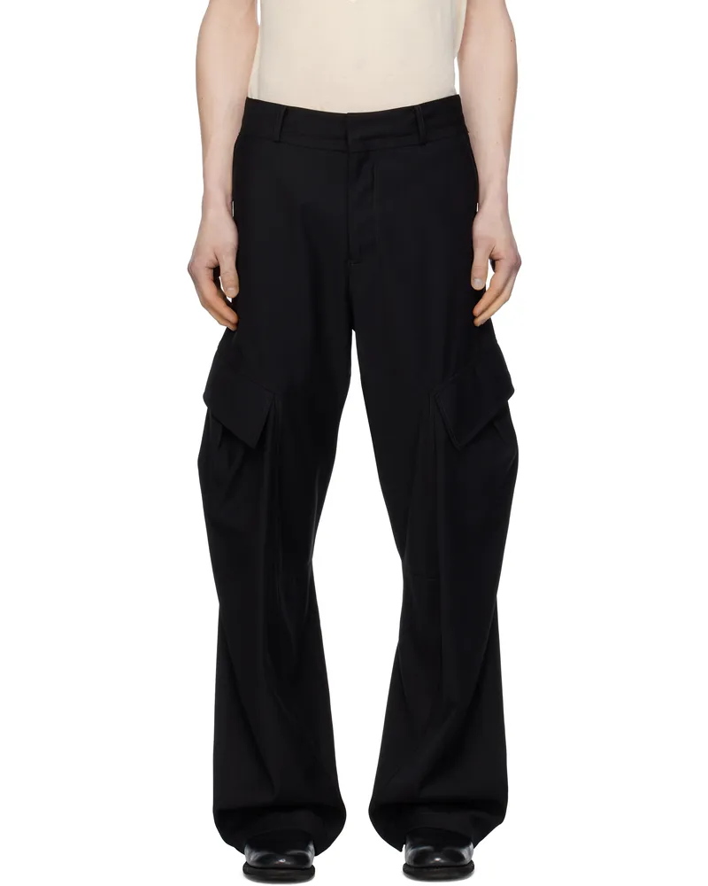JiyongKim Black Curved Raw Edge Cargo Pants Black