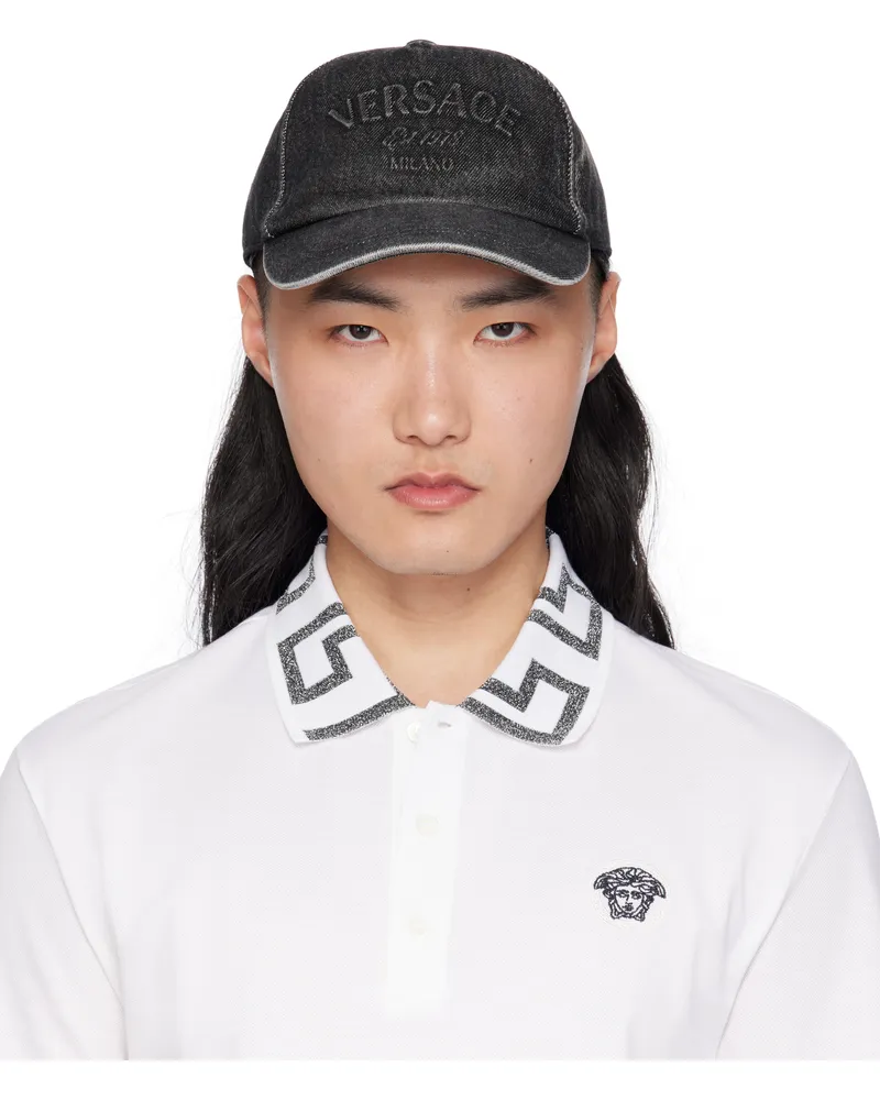 Versace Black Embossed Denim Cap 1d810-medium