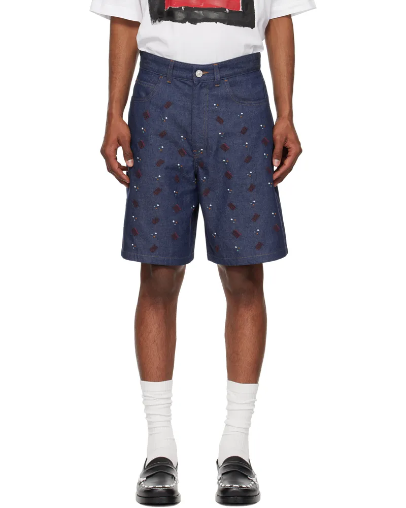 Marni Navy Embroidered Denim Shorts Rib64