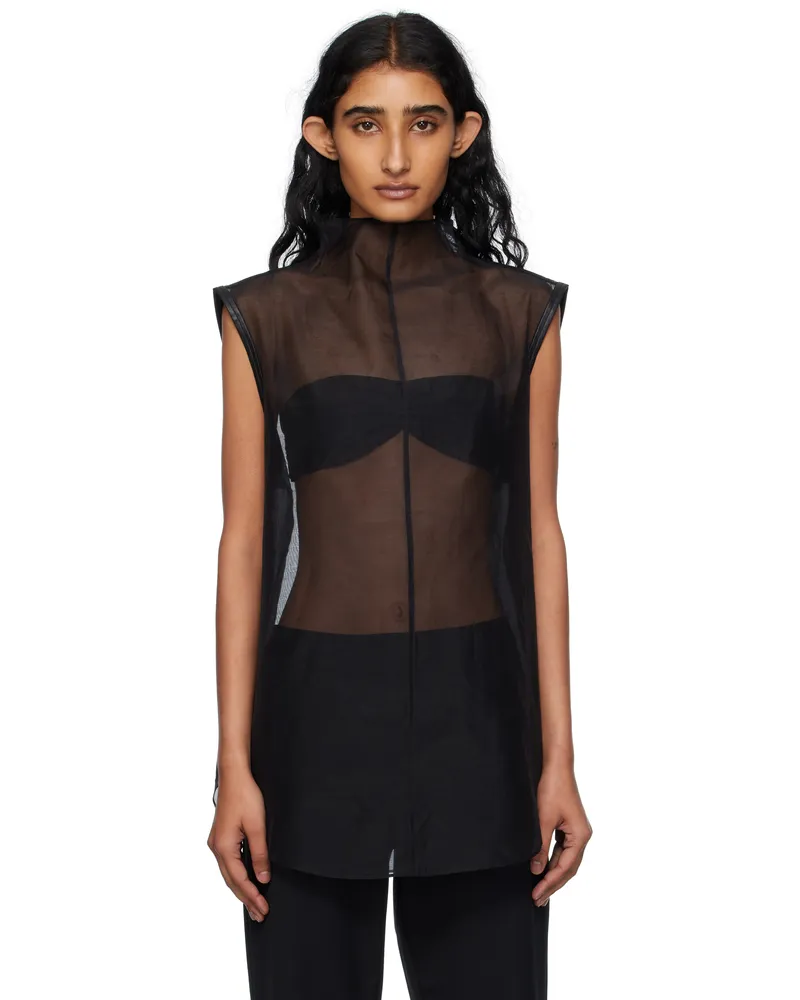 St. Agni Black Sheer Silk Leather Trim Blouse Black
