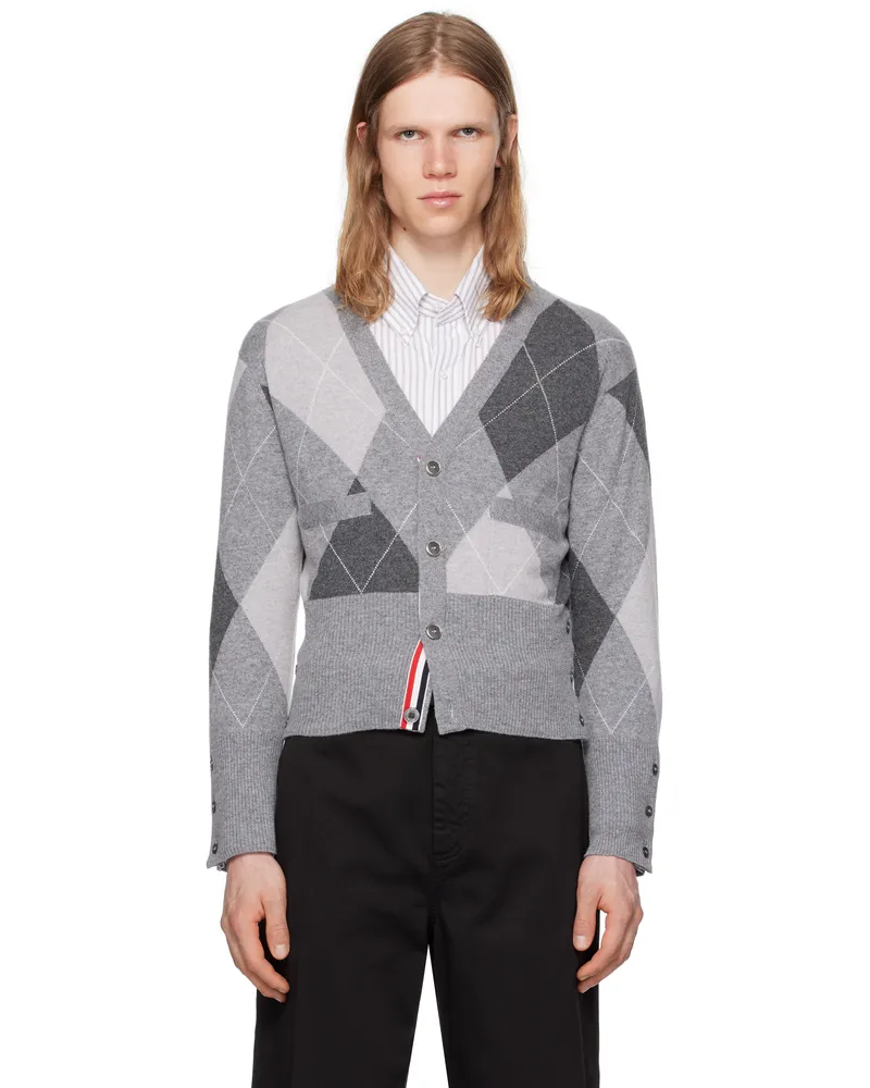 Thom Browne Gray Argyle Intarsia Cashmere V Neck Cardigan 055lt