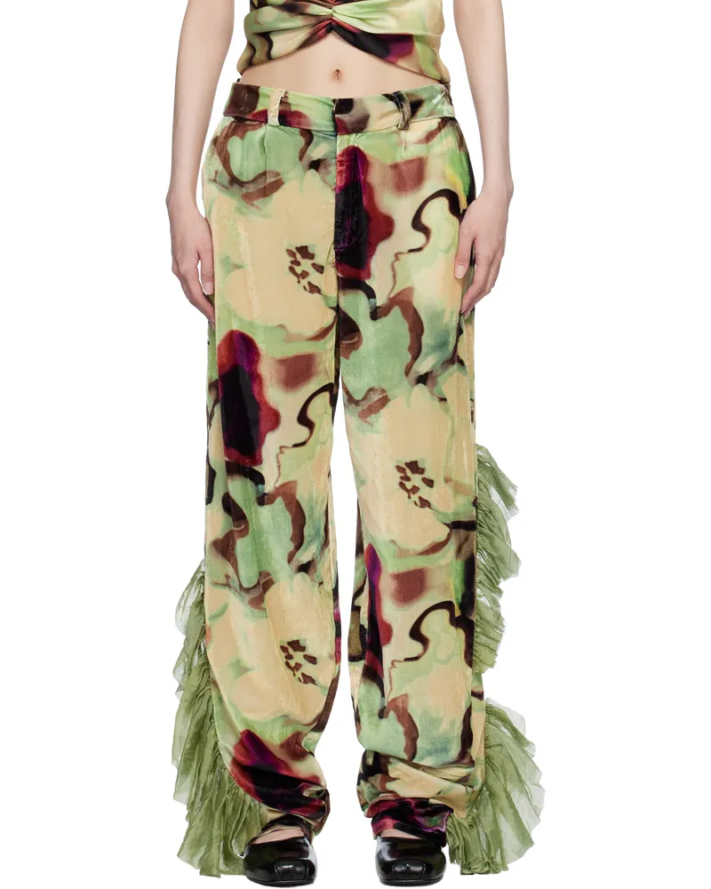 Collina Strada Beige & Green Dante Ruffle Trousers Watercolor