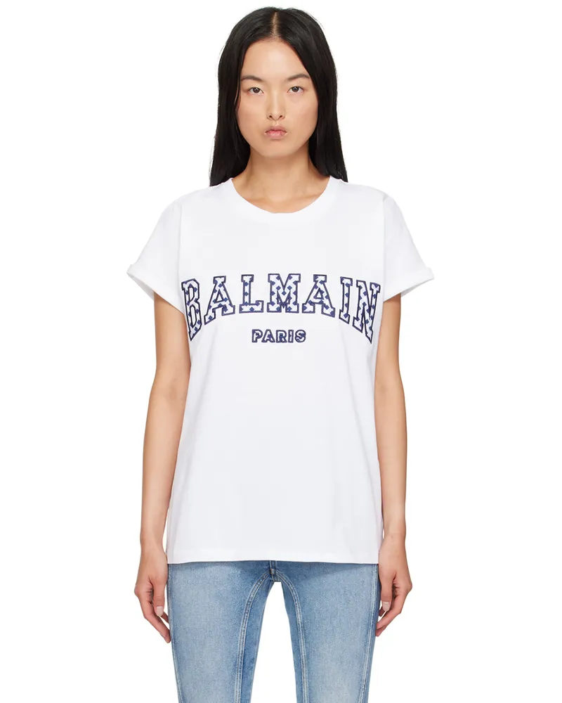 Balmain White Gingham Balmain Paris Lettering T-Shirt Gvw