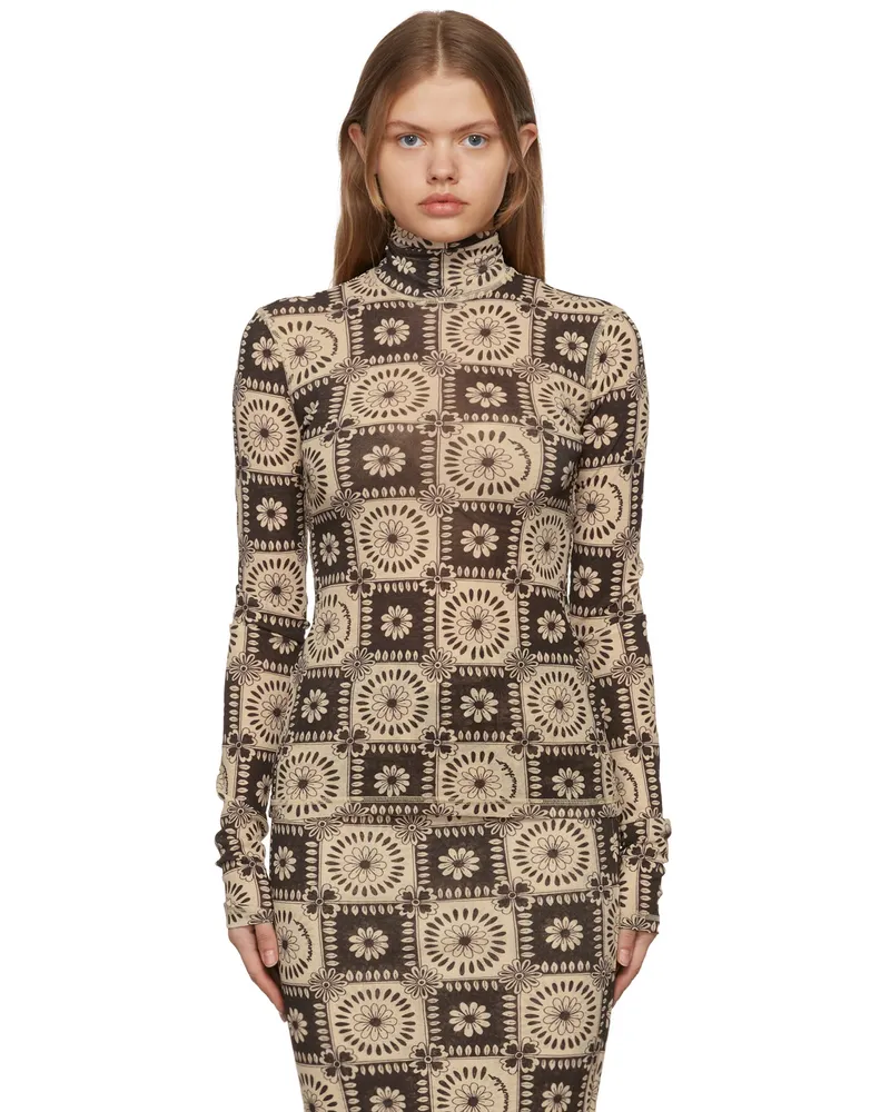 Nanushka Brown & Beige Harri Tile Print Turtleneck Brown