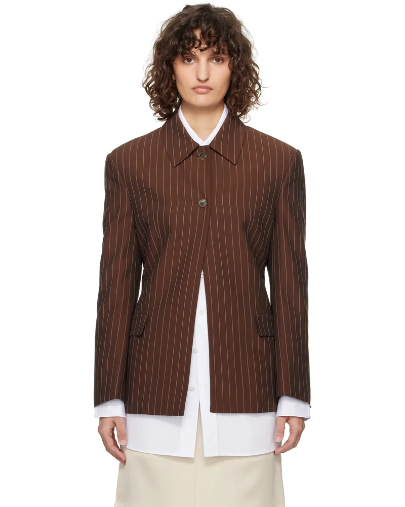 RECTO Brown Classic Collar Pin Stripe Single Jacket Red