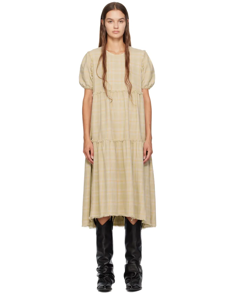 R13 Beige Shredded Relaxed Midi Dress Khaki
