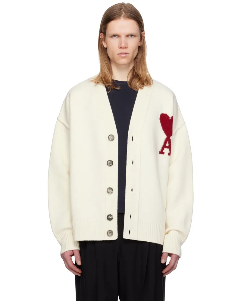 AMI Paris Off-White Wool Ami de Coeur Cardigan 154