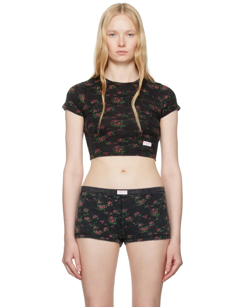 Alexander Wang Black Floral-Print Ribbed Cotton Baby T-shirt Washed