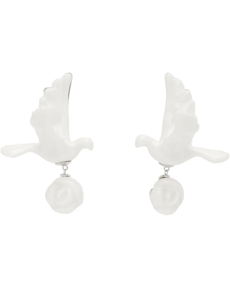 SHUSHU/TONG Silver & White YVMIN Edition Ceramics Pigeon With Rose Earrings White