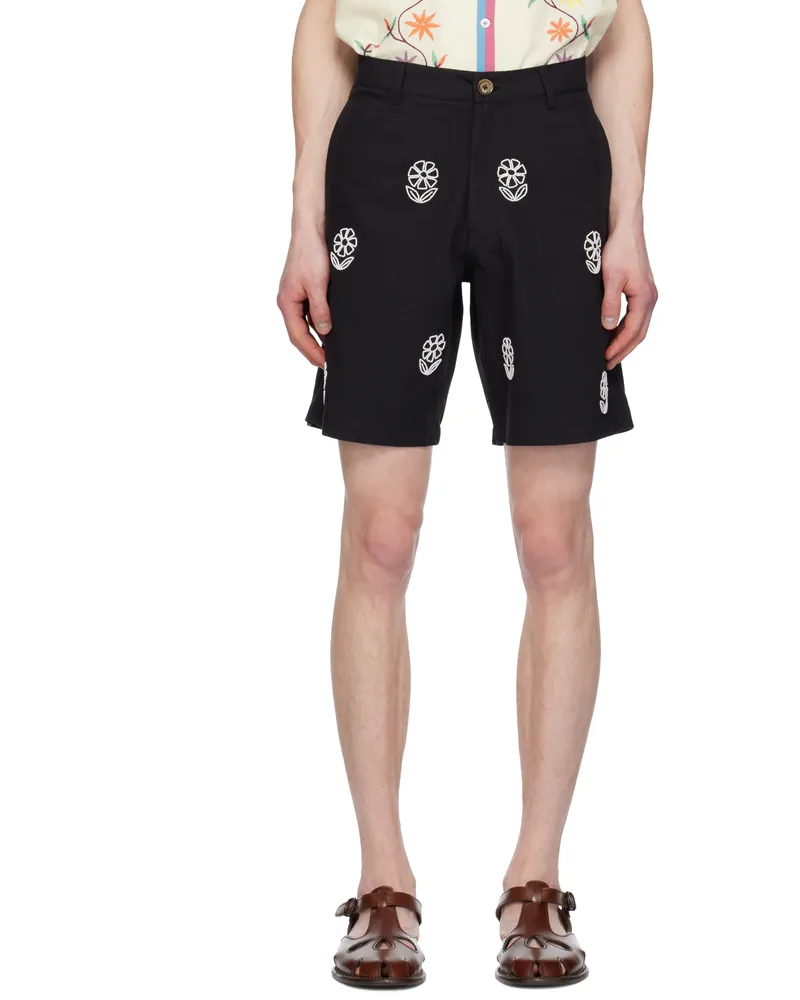 HARAGO Black Beadwork Embroidered Long Shorts Black