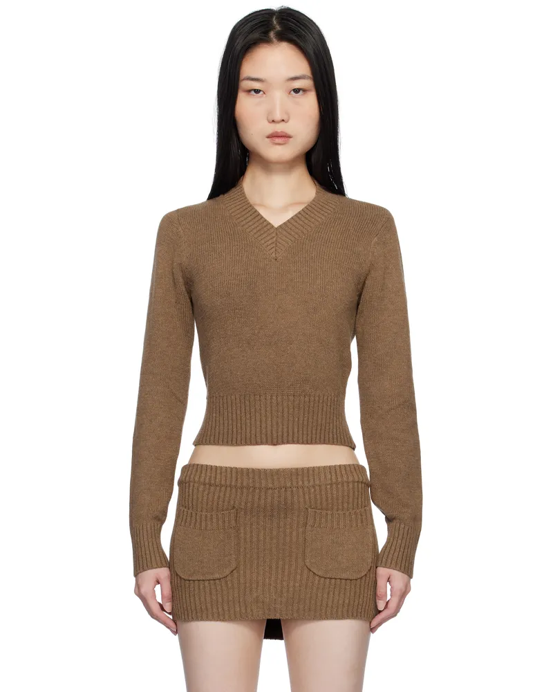 Frankies Bikinis Brown Rowe V Neck Knit Sweater Maple