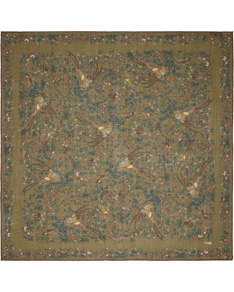 Drake's Khaki Birds Of Paradise Print Wool-Silk Square Scarf Olive
