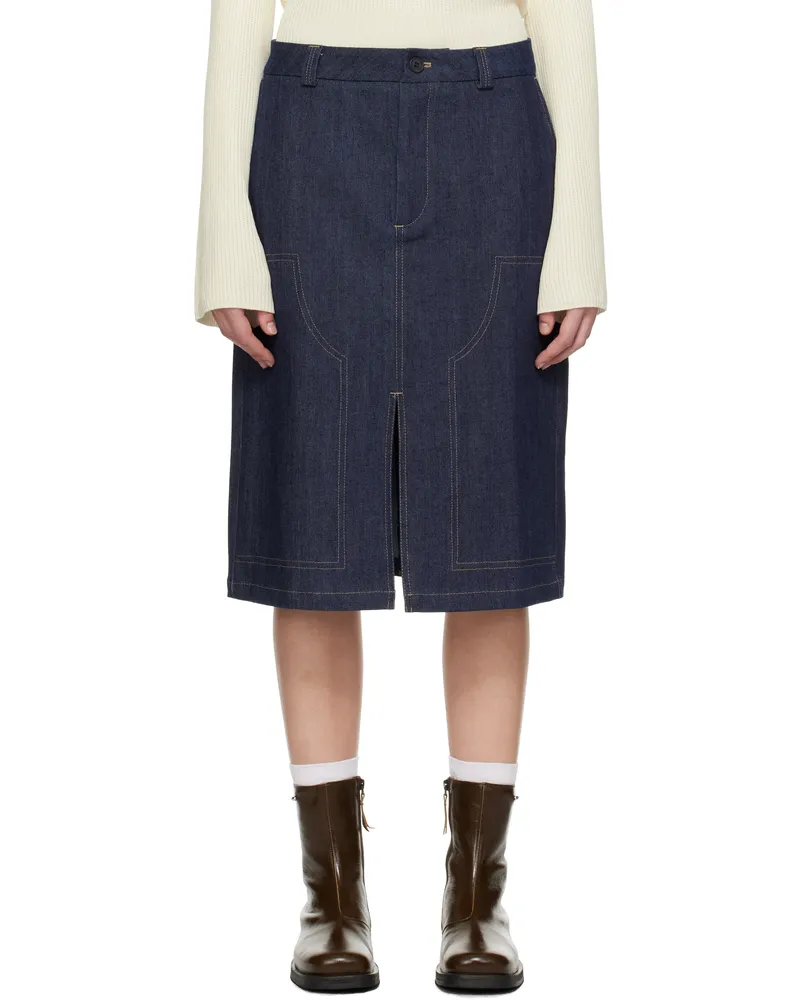 Soulland Navy Deen Denim Midi Skirt Indigo