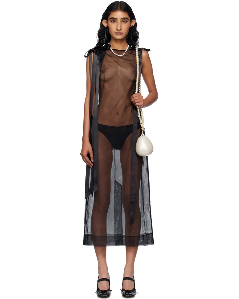 Simone Rocha Black Sheer Bow Ribbon Tail Midi Dress Black