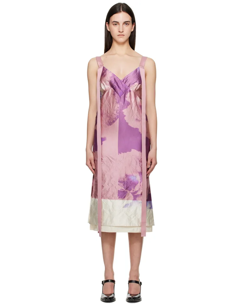 Erdem Pink & Purple V Neck Slip Cocktail Midi Dress Carnation
