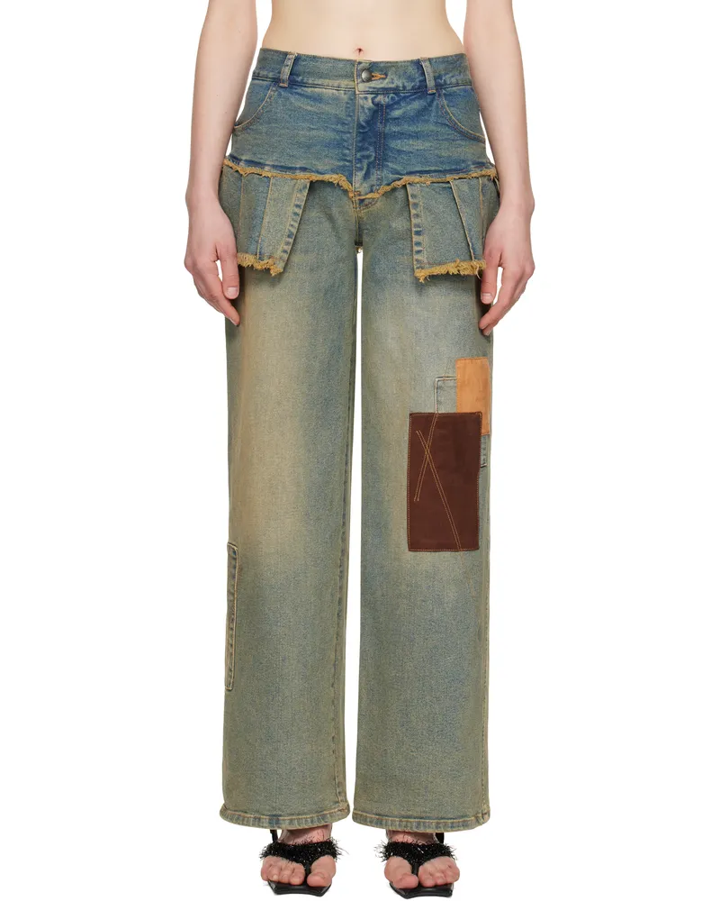 Andersson Bell Blue Patchwork Pleats Skirt Denim Jeans Washed