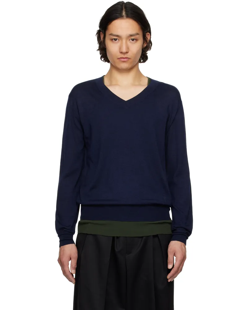 AMI Paris Navy Wool V Neck Sweater 4011