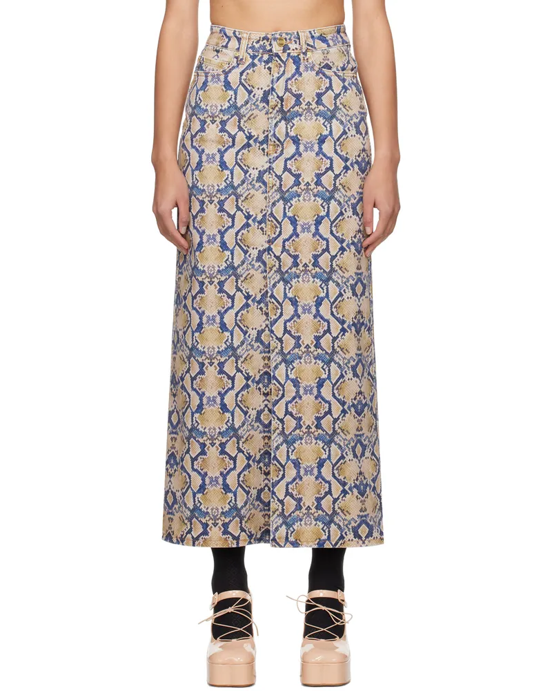 Ganni Blue & Yellow Snake Printed Denim Maxi Skirt 883