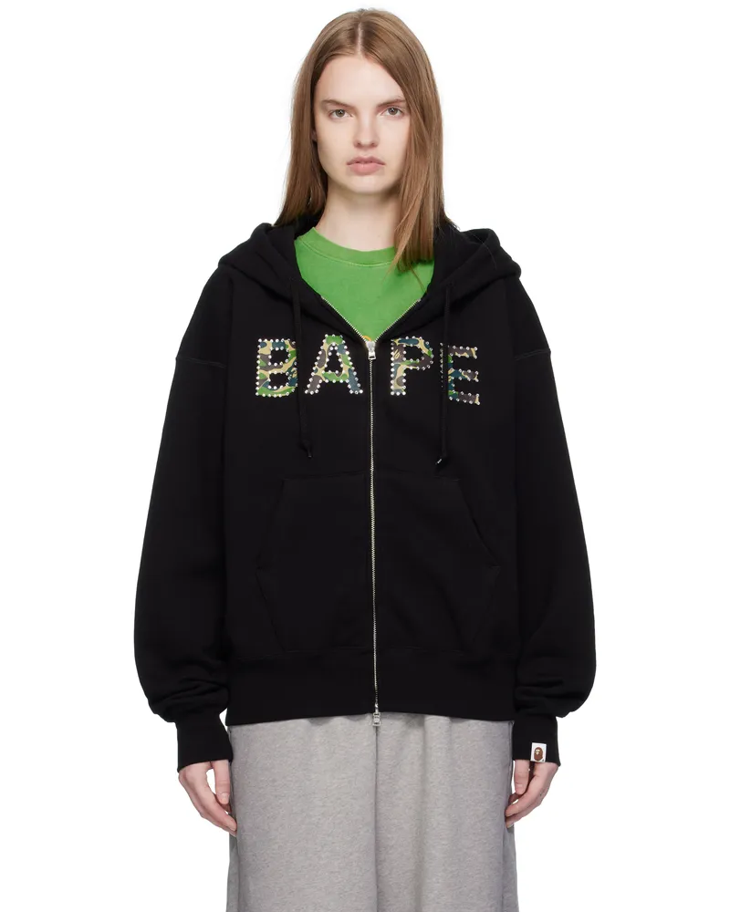 BAPE Black ABC Camo Crystal Logo Wide Zip Hoodie Black