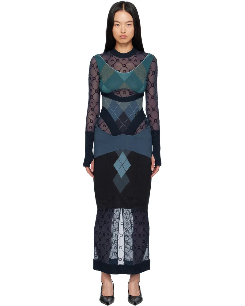 Marine Serre Navy Upcycled Argyle Knit Midi Dress Bl07