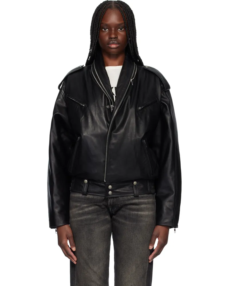 R13 Black Zip Collar Motorcycle Leather Jacket Black