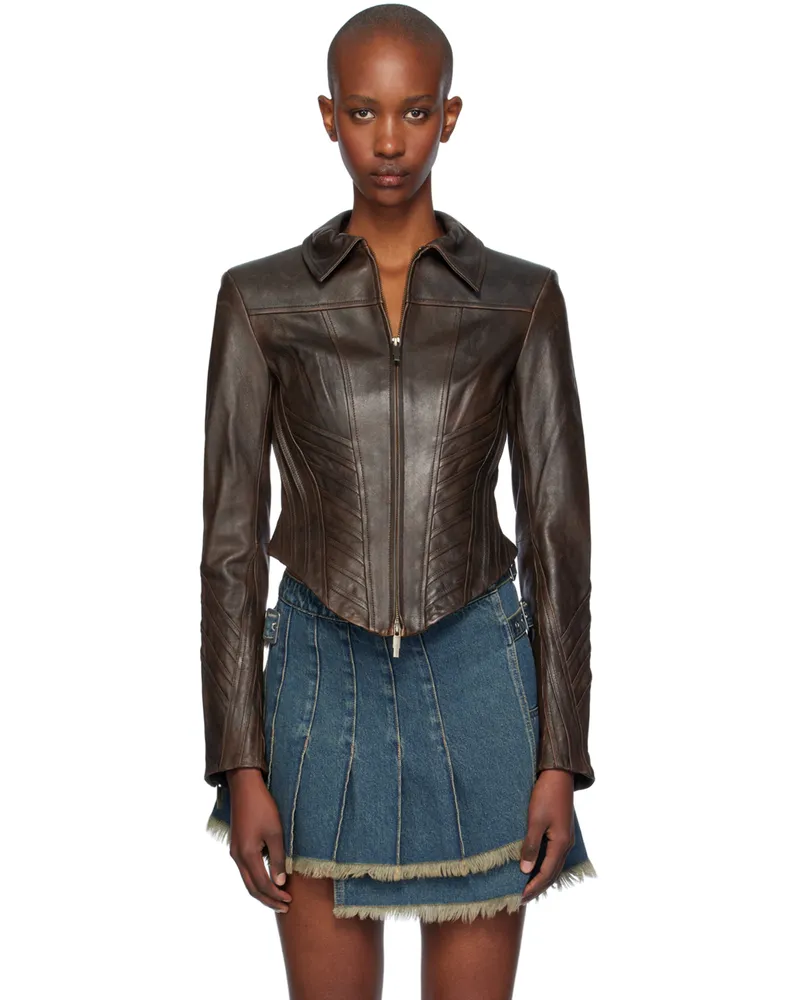 Feng Chen Wang Brown Seaming Leather Jacket Brown