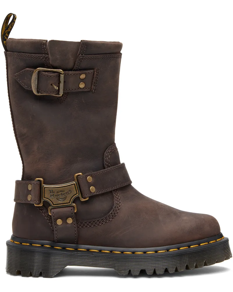 Dr.Martens Brown Anistone Hi Leather Biker Boots Dark