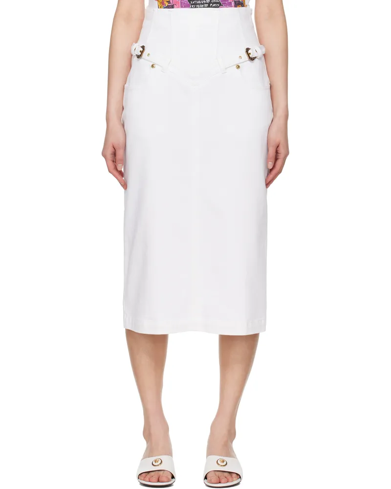 Versace Jeans White Baroque Buckle Denim Midi Skirt E003