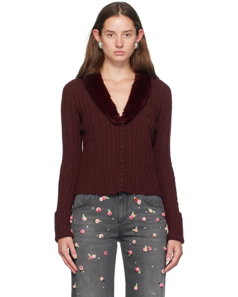 Blumarine Burgundy Faux-Fur Collar Cardigan N0727