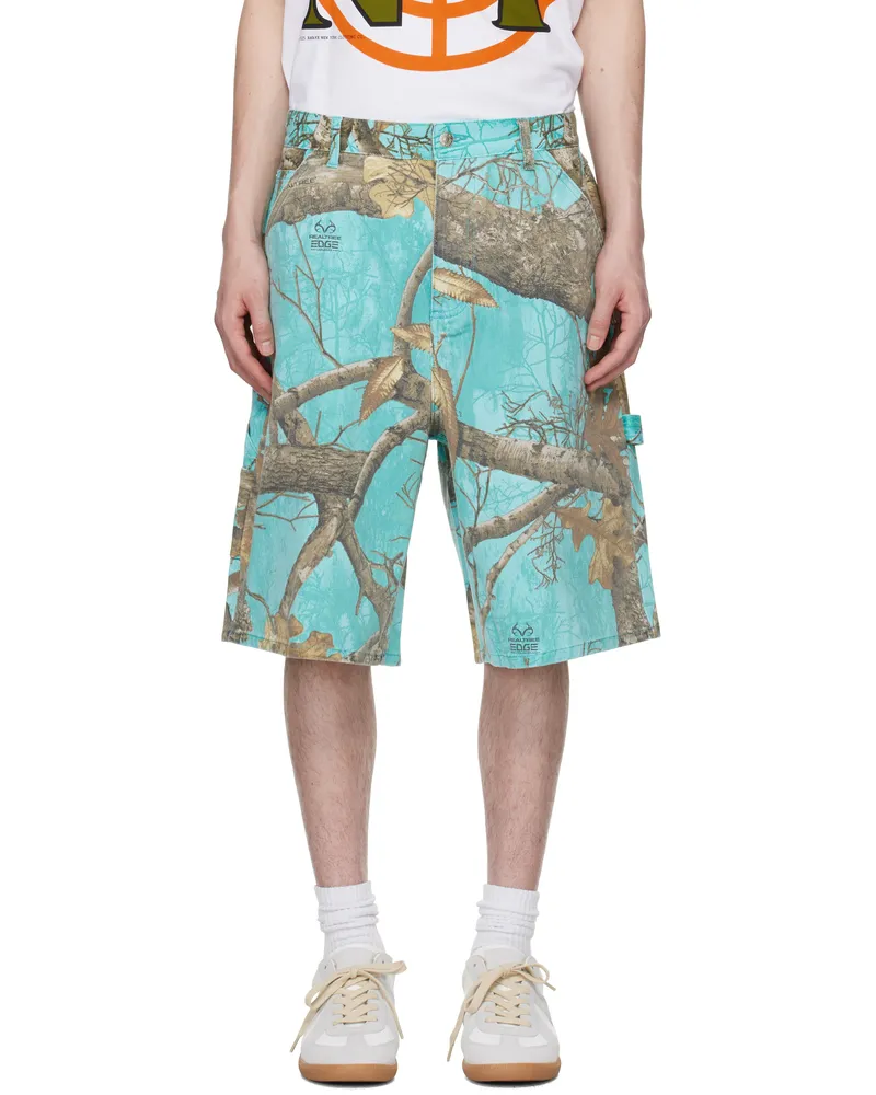 AWAKE NY Blue Frayed Script Painter Shorts Seaglass